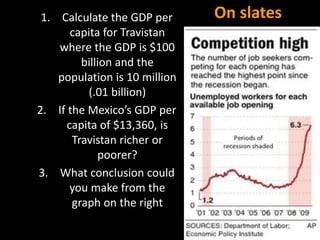 On slates1. Calculate the GDP per
capita for Travistan
where the GDP is $100
billion and the
population is 10 million
(.01 billion)
2. If the Mexico’s GDP per
capita of $13,360, is
Travistan richer or
poorer?
3. What conclusion could
you make from the
graph on the right
 