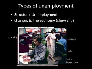 Types of unemployment
• Structural Unemployment
• changes to the economy (show clip)
technology
Changes in taste
Lack of skills
Global
Competition
 