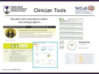 25
Photos Courtesy of WRNMMC/NICoE
Education tools and progress reports
vary among programs.
Clinician Tools
 