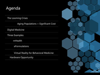 Agenda
Digital Medicine
eFormulations
Aging Populations = Significant Cost
Three Examples
Virtual Reality for Behavioral M...