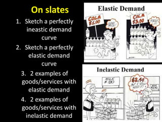 On slates
1. Sketch a perfectly
ineastic demand
curve
2. Sketch a perfectly
elastic demand
curve
3. 2 examples of
goods/services with
elastic demand
4. 2 examples of
goods/services with
inelastic demand
 