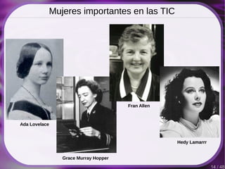 14 / 48
Mujeres importantes en las TIC
Ada Lovelace
Grace Murray Hopper
Hedy Lamarrr
Fran Allen
 