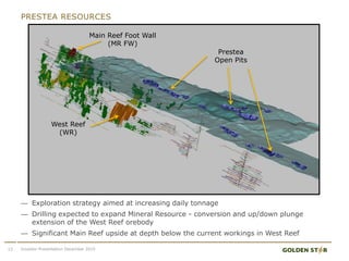 PRESTEA RESOURCES
Investor Presentation December 201515
Main Reef Foot Wall
(MR FW)
West Reef
(WR)
Prestea
Open Pits
— Exploration strategy aimed at increasing daily tonnage
— Drilling expected to expand Mineral Resource - conversion and up/down plunge
extension of the West Reef orebody
— Significant Main Reef upside at depth below the current workings in West Reef
 