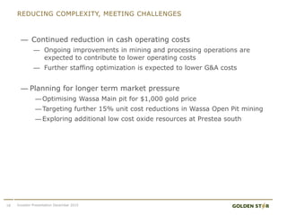 REDUCING COMPLEXITY, MEETING CHALLENGES
— Continued reduction in cash operating costs
— Ongoing improvements in mining and processing operations are
expected to contribute to lower operating costs
— Further staffing optimization is expected to lower G&A costs
— Planning for longer term market pressure
—Optimising Wassa Main pit for $1,000 gold price
—Targeting further 15% unit cost reductions in Wassa Open Pit mining
—Exploring additional low cost oxide resources at Prestea south
18 Investor Presentation December 2015
 