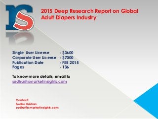 Contact:
Sudha Krishna
sudha@rsmarketinsights.com
2015 Deep Research Report on Global
Adult Diapers Industry
Single User License - $3600
Corporate User License - $7000
Publication Date - FEB 2015
Pages - 136
To know more details, email to
sudha@rsmarketinsights.com
 