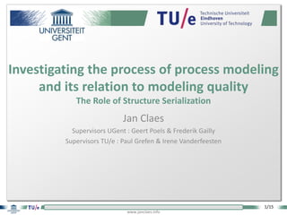 1/15
www.janclaes.info
Jan Claes
Supervisors UGent : Geert Poels & Frederik Gailly
Supervisors TU/e : Paul Grefen & Irene Vanderfeesten
Investigating the process of process modeling
and its relation to modeling quality
The Role of Structure Serialization
 