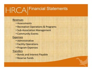 Financial Statements
Revenues
• Assessments
• Recreation Operations & Programs
• Sub-Association Management
• Community Events
Expenses
• Administrative
• Facility Operations
• Program Expenses
Transfers
• Bonds and Interest Payable
• Reserve Funds
 