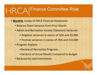 Finance Committee Role
• Monthly review of HRCA Financial Statements
• Balance Sheet Variance From Prior Month
• Admin and Recreation Income Statement Variances
• Negative variances in excess of 10% and $5,000
• Positive variances in excess of 25% and $10,000
• Program Analysis
•Review of Recreation Programs
•Variance of Actual Results Compared to Budget
• Backcountry and Investments
 