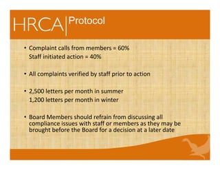 Protocol
• Complaint calls from members = 60%
Staff initiated action = 40%
• All complaints verified by staff prior to action
• 2,500 letters per month in summer
1,200 letters per month in winter
• Board Members should refrain from discussing all
compliance issues with staff or members as they may be
brought before the Board for a decision at a later date
 