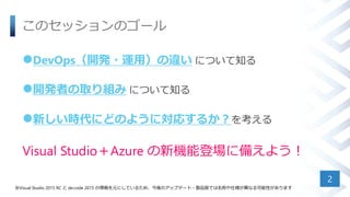 ΥåΥ`
?DevOps_k?\ã` ˤĤ֪
?_kߤȡM ˤĤ֪
?¤rˤɤΤ褦ˌꤹ뤫򿼤
Visual StudioAzure Cܵǈ˂䤨褦
2
Visual Studio 2015 RC  de:code 2015 ԪˤƤ뤿ᡢΥåץǩ`?uƷǤƤ˘ʤԤޤ
 
