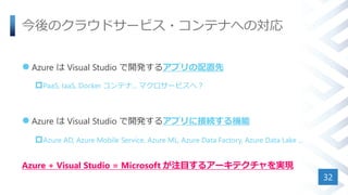 Υ饦ɥ`ӥ?ƥʤؤΌ
? Azure  Visual Studio _k륢ץ
?PaaS, IaaS, Docker ƥ... ޥ`ӥأ
? Azure  Visual Studio _k륢ץ˽ӾAC
?Azure AD, Azure Mobile Service, Azure ML, Azure Data Factory, Azure Data Lake ...
Azure + Visual Studio = Microsoft עĿ륢`ƥgF
32
 