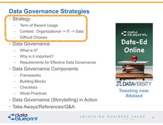 10
Copyright 2015 by Data Blueprint
• Strategy
– Term of Recent Usage
– Context: Organizational -> IT -> Data
– Difficult Choices
• Data Governance
– What is it?
– Why is it important?
– Requirements for Effective Data Governance
• Data Governance Components
– Frameworks
– Building Blocks
– Checklists
– Worst Practices
• Data Governance (Storytelling) in Action
• Take Aways/References/Q&A
Data Governance Strategies
Tweeting now:
#dataed
 