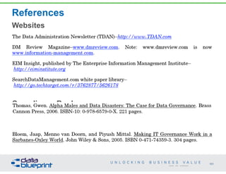 References
Websites
• Data Governance Book
Data Governance Book
Compliance Book
101
Copyright 2014 by Data Blueprint
 