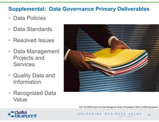 Supplemental: Data Governance Primary Deliverables
• Data Policies
• Data Standards
• Resolved Issues
• Data Management
Projects and
Services
• Quality Data and
Information
• Recognized Data
Value
40
Copyright 2014 by Data Blueprint
from The DAMA Guide to the Data Management Body of Knowledge © 2009 by DAMA International
 