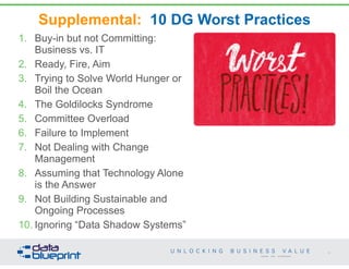 Supplemental: 10 DG Worst Practices
1. Buy-in but not Committing:
Business vs. IT
2. Ready, Fire, Aim
3. Trying to Solve World Hunger or
Boil the Ocean
4. The Goldilocks Syndrome
5. Committee Overload
6. Failure to Implement
7. Not Dealing with Change
Management
8. Assuming that Technology Alone
is the Answer
9. Not Building Sustainable and
Ongoing Processes
10. Ignoring “Data Shadow Systems”
66
Copyright 2014 by Data Blueprint
 