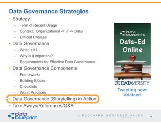 68
Copyright 2015 by Data Blueprint
• Strategy
– Term of Recent Usage
– Context: Organizational -> IT -> Data
– Difficult Choices
• Data Governance
– What is it?
– Why is it important?
– Requirements for Effective Data Governance
• Data Governance Components
– Frameworks
– Building Blocks
– Checklists
– Worst Practices
• Data Governance (Storytelling) in Action
• Take Aways/References/Q&A
Data Governance Strategies
Tweeting now:
#dataed
 