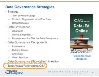 87
Copyright 2015 by Data Blueprint
• Strategy
– Term of Recent Usage
– Context: Organizational -> IT -> Data
– Difficult Choices
• Data Governance
– What is it?
– Why is it important?
– Requirements for Effective Data Governance
• Data Governance Components
– Frameworks
– Building Blocks
– Checklists
– Worst Practices
• Data Governance (Storytelling) in Action
• Take Aways/References/Q&A
Data Governance Strategies
Tweeting now:
#dataed
 