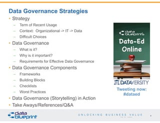 9
Copyright 2015 by Data Blueprint
• Strategy
– Term of Recent Usage
– Context: Organizational -> IT -> Data
– Difficult Choices
• Data Governance
– What is it?
– Why is it important?
– Requirements for Effective Data Governance
• Data Governance Components
– Frameworks
– Building Blocks
– Checklists
– Worst Practices
• Data Governance (Storytelling) in Action
• Take Aways/References/Q&A
Data Governance Strategies
Tweeting now:
#dataed
• Strategy
– Term of Recent Usage
– Context: Organizational -> IT -> Data
– Difficult Choices
• Data Governance
– What is it?
– Why is it important?
– Requirements for Effective Data Governance
• Data Governance Components
– Frameworks
– Building Blocks
– Checklists
– Worst Practices
• Data Governance (Storytelling) in Action
• Take Aways/References/Q&A
 