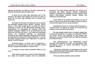 Diario de un viaje y otros relatos D. J. Calvó
alguien, de extrañar, de esperar, de sentir cada poro de
la piel transpirando hasta no poder más.
A pesar de los años sigo esperando que él me
busque y me desee como alguna vez como yo lo amé. A
pesar de los años sigo soñando con un marido que
nunca fue.
Sin dudas la cercanía y la distancia con mi amante
me permitían aquellos lujos: desear, extrañar, soñar,
temer y amar para luego partir. A pesar de todo lo
esperaba, a pesar de las dificultades deseaba seguir
esperándolo. La comodidad de nuestras vidas nos
impedía cualquier cambio. El no se divorciaría por los
niños, por los años, por todo… y yo cada vez lo pensaba
menos. Las reuniones sociales, el compromiso
económico que ambos habíamos adquirido eran buenas
excusas para no separarnos. Sólo el infortunio – o un par
de malas lenguas- harían que llegáramos al punto de
admitir nuestra relación.
El tiempo pasa y yo paso con él, esperando y
deseando a un hombre que no es mío y estando al lado
del que –aunque me pertenece- nunca es mío.
La espera a veces cesa y encuentro calma: lo voy
a ver.
Todo parece transcurrir como lo hemos planeado.
Los viajes de nuestras parejas eran los momentos
propicios. Los niños podían sobrevivir por horas sin la
presencia del padre. Aunque siempre tomábamos
nuestros recaudos, los llamados de Luz muchas veces
habían interrumpido nuestras salidas. Ambos nos
habíamos acostumbrado.
Flavio salió de la ciudad esta mañana, irá con el
pastor a hacer unas obras de caridad y volverá mañana;
Luz se irá de viaje al sur en un par de horas.
Acordamos vernos en el mismo sitio de siempre, a
la misma hora. Yo dejaría mi coche en la casa de una
amiga y con el suyo nos iríamos lejos.
Mi casa estaba desde hace un tiempo copada por
el personal doméstico, mi suegra y su pequeño “Pelito”
(un terrier cruza con esquina) al que amaba con
adoración y al que le habían hecho una lápida marmolea
aún antes de morir.
Nos desaparecimos, nos demoramos cuanto
quisimos. Nos vestimos sin prisa, nos despedimos. Nos
prometimos vernos en cuanto coincidieran nuestras
agendas. Salimos.
Chocamos, golpeamos el guardabarro del coche
nuevo del lado derecho. Nos bajamos. Nos sorprendimos
con quienes nos encontramos.
Creo que ambos sabemos qué sucederá.
 