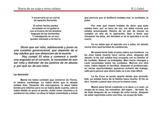 Diario de un viaje y otros relatos D. J. Calvó
Y encerrarlo en un corral
de lapacho florecido.
O volver hecho zamba
enredado en mi guitarra
con el trueno de los bombos
baguala de las tormentas.
Y cabalgando en un eco
quedar maniado a mi tierra.
Dicen que ser niño, adolescente y joven es
una cuestión generacional; que depende de si
hay adultos que nos distancien de la muerte.
Hoy cumplí 33 años y comencé a sentir
una angustia en el corazón, la necesidad de aún
ser niña y disfrutar de los postres de mi abuela
y- por qué no- de sus retos.
La decisión
Mamá me había contado que volvieron de Flores,
el médico cardiólogo. Le había dicho que la abuela
estaba bien. Después del marcapasos, la abue había
tenido pre infartos pero no se había dado cuenta, sólo le
había dolido un poco el pecho, sintió como chuchos y le
zumbaron los oídos. La abue le había comentado a mamá
que parecía que el audífono andaba mal, le zumbaba, la
jodía.
Por más que mamá trataba de decir que todo
estaba bien, por su tono de voz, me daba cuenta que
estaba preocupada. Dentro de un par de meses se
cumplía un año de la operación, iban a tener que
chequear las pilas, ahí decidían si se la operaba o no de
nuevo.
Yo no sabía que el aparato era a pilas; mi abuelo
nunca tuvo oportunidad de cambiarlas.
Mi mamá tenía todo el peso sobre sus hombros. La
tía Jose había muerto hace varios años, después del
abuelo; la tía Juli estaba muy ocupada con su familia: el
tío inválido, Nahuel no trabajaba, Mari hacía changas y
Lauti necesitaba todos los cuidados. Marcos era otra
cosa, había dejado la facultad, después el profesorado;
en varias oportunidades quisieron echarlo del trabajo,
zafó pero parece que ahora todo va a ser más difícil.
La tía Cuca es punto aparte desde que enviudó,
bah, ya estaba fuera de la familia hace mucho. El tío es
otro mundo a pesar que viva en la misma casa.
Mamá pasa horas cuidando a la abue y a Lean, se
ocupa de la casa, los remedios, del súper… de todo. Sí,
de todo después de su trabajo de ocho horas, después
de estar exprimida como una lima, se ocupa de todo.
 