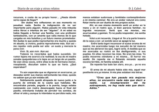 Diario de un viaje y otros relatos D. J. Calvó
recursos, a costa de su propio honor… ¿Hasta dónde
sería capaz de llegar?
Sin dudas mis reflexiones en ese momento no
pesaban nada. Sentía la indignación de no ser
importante para alguien. Había pasado mi vida imbuida
entre libros e intentos de ser “alguien”. A mi edad no
había llegado a formar una familia, con una profesión
tambaleante, con un amante que valía menos de lo que
cargaba en mis bolsillos y un futuro menos prometedor.
Sin dudas lo que podía reprocharme era mucho y quizás
mi abuelo, si viviera, podría reprocharme más. Aún así –
me repetía- esto podía ser sólo un susto y merecía la
pena vivir.
Vivir. Sí, aún vivir. Aún así.
Todavía no recordaba qué había sucedido. Un
rumor lejano me acercó a la realidad, la voz de mi madre
sonaba quejumbrosa a lo lejos en un largo de un pasillo.
Se oían otras voces, entre ellas la de mi hermana menor,
resoplando, discutían sobre lo que se haría. ¿Qué
esperaban?
Yo aún esperaba que se dignaran en acercarse, yo
deseaba sentir sus manos estrechando las mías; quizás
no sabían que yo aún estaba allí.
Súbitamente quedé atrapada de nuevo junto a la
puerta de entrada de la casita que habitaba. Me
encontraba parada, pegada a la puerta, luego estaba
caminando con rostro desencajado hacia el final del
pasillo; entretanto trataba de percibir los sonidos, de
afinar el oído y aunque lo intentaba no percibía nada, mis
manos estaban sudorosas y temblaba contemplándome
a mí misma caminar. No era un andar natural era como
flotar inerte sin ser dueña de mis propios actos.
Ahí, en ese mismo momento sentí un ardor en la
mano y en el rostro que, si bien parecía familiar, no
lograba reconocer. Sentí que me movían, me
acurrucaban y gemían. Yo no podía responder, me sentía
helada.
Volví a mi recuerdo. Llegué al fin a la parte trasera
de la casa y con un sonido seco se apagó la luz.
Entre tanto logré reconocer el suave aroma de mi
madre; me acariciaba luego me sacudió de tal manera
que se me abrieron los ojos, logré verla. A medida que se
me acercaba su rostro se iba desfigurando, vi sus
pupilas. En ellas reconocí las mías. No eran las mías. Ya
podía moverme viéndome a mí misma… El horror me
asaltó. De repente me vi flotando mirando aquella
escena terrible, mi familia estaba allí.
De repente fue todo tan claro, era yo… ya no era
yo.
El arma de mi abuelo había sido mía, aquel mar
pestilente era yo misma. A mis pies estaban mis letras:
“Creo que han pasado mis mejores
años, no encuentro nada más que decir a
nadie. La incomprensión me ha
sobrepasado, no hay nada más que decir.
Adiós.”
 