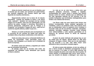 Diario de un viaje y otros relatos D. J. Calvó
Antes de dormir rezaré por mí, por mi familia y por
el mundo que me rodea, por quienes nos gobernamos,
por quienes elegimos, por nuestro futuro que sólo
depende de nuestras decisiones…
Seguramente soñaré con la mano de mi abuelo.
Recordaré cuando me tomaba la mano y me decía:
“tuto, caliente”; también me acordaré de las recetas
mágica de mi abuela, esas que nos disfrazaban con mil
colores los patos, conejos y vizcachas. Recordaré la
primera decepción: enterarnos que la “lengua a la
vinagreta” era verdadera “lengua de vaca”, ¡qué horror!
comernos aquella delicia y saber lo que era...
Soñaré y el sueño profundo será acompañado con
el recuerdo de los cuentos de hadas que antes me
contaban ellos y hoy deseo contárselos a mis sobrinos.
Cada vez estoy más cerca, la llamada telefónica de
mamá me sorprendió. Todo marchaba como era
previsto, ella trabajaba y yo mentía con la finalidad de
darle la sorpresa.
El camino venía con retraso y seguidos por nubes
que me azuzaban ferozmente.
El paisaje cada vez se tornaba más árido, las
montañas me llamaban como deseando que pronto
arribara a destino.
La ruta ya no se veía llana y calma sino que
adquiría pliegues sinuosos, subidas y bajadas,
acompañadas por ramas secas y árboles que hacían
danzas contra el viento, árboles que se defendían con
las más aguzadas espinas de los intrusos y de los
posible huéspedes que terminaban doblegándolas para
anidar a los retoños del hornero.
Las flores cada vez eran menos pero tenían una
belleza incomparable; todas estaban agrupadas en
ramilletes, como si se sintieran solas. Sus colores vivos
que se destacaban entre la espesura ocre invitaban a
recordar cada una de sus formas: redondas, alargadas;
abiertas, cerradas, capullos, coronas; cuyos aromas
eran indescriptibles y sólo quedan guardados en la
memoria de quienes tienen la dicha de haberlas
percibido.
A pesar de poder disfrutar del paisaje hay un par
de nubes que me siguen. Decidí hacer un alto para
chequear el mapa y comer. Esta vez no me equivoqué,
voy de acuerdo a la ruta, sólo debo hacer unos
kilómetros más y encontraré posada segura.
El cielo se pone más plomizo, el aire me asfixia, el
olor a tierra invade la atmósfera presagiando la lluvia
que se avecina. A lo lejos, el cerro deja entrever las
nubes cargadas de polvo, son como dos cerros juntos. El
viento amaina, la tempestad está cerca. Esos olores –
que me enseñó mi abuela a distinguir- son como los
 