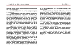 Diario de un viaje y otros relatos D. J. Calvó
aguantar todo lo posible mi pequeño demonio me gritaba
con furia “¡venganza!”
Sí, el 24 de diciembre me parece una prueba para
el virtuosismo.
Cuando me subí a mi coche noté que un pequeño
esperaba a su hermano el cual estaba apostado en la
mitad de la calle haciendo malabares por las monedas
que nadie se dignaba ofrecer; yo me sentí conmovido,
eché la mano atrás y la hundí en la bolsa del abasto y de
allí saqué una gran manzana roja y se la di; el niño,
aturdido por mi gesto la cogió sin decir nada. Me alejé de
allí sin saber qué me había motivado a hacerlo, me reí de
mí mismo. Tal vez el espíritu navideño vino a mi
encuentro.
Logré hacer todo lo esperado, regresé a casa para
trabajar de nuevo. Mientras comía observaba que en
todos los canales se sucedían aquellas películas
conmemorativas, algunas en dibujos animados, otras
con niños y sucesos fantásticos, Papá Noel era el
protagonista fundamental, el nacimiento de Cristo, la
vida de María, el pesebre…. Sin duda era como esas
temporadas de béisbol o de softball donde se satura la
pantalla por una sola temática. Terminé de comer y
decidí disfrutar -mientras trabajaba- de Verdi y de
algunas bandas sonoras del Gran Ennio.
El día pasó tranquilo, sin otros sobresaltos. A las
seis de la tarde estaba anunciado que todos los obreros
deberían volver a sus hogares. La confederación de
trabajo de la provincia había jurado vigilar la protección
de los derechos obreros para que pudieran pasar el día
con su familia.
Un par de minutos después de las seis y media el
aroma a asado era predominante, los niños habían
empezado los juegos a pesar de los gritos desesperados
de las madres que los corría amenazándolos: “¡Se llegan
a ensuciar y van a ver que se quedan sin el postre…! El
movimiento de aquellas mujeres era como el de la torre
de Pizza, daban la sensación de necesitar un puntal
mientras se balanceaban con algún instrumento
culinario en la mano.
Sin duda, de todos los instrumentos que se
pueden encontrar en una cocina, mi favorito ha sido
siempre el cucharón por la doble malicia que llevaba en
sí mismo: golpear y servir la sopa.
Cuando se hicieron las 10 de la noche comencé
con mis afeites cotidianos. A las 23 ya estaba en cama,
cansado.
Vuelvo a mirar el reloj, son las 23: 55. Debo
descansar, mañana será un día largo y ajetreado.
Mañana voy a trabajar el doble. Gracias a Dios son todos
cristianos.
 