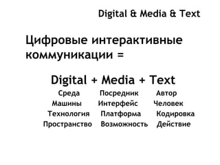 Digital & Media & Text
Цифровые интерактивные
коммуникации =
Digital + Media + Text
Среда Посредник Автор
Машины Интерфейс Человек
Технология Платформа Кодировка
Пространство Возможность Действие
 