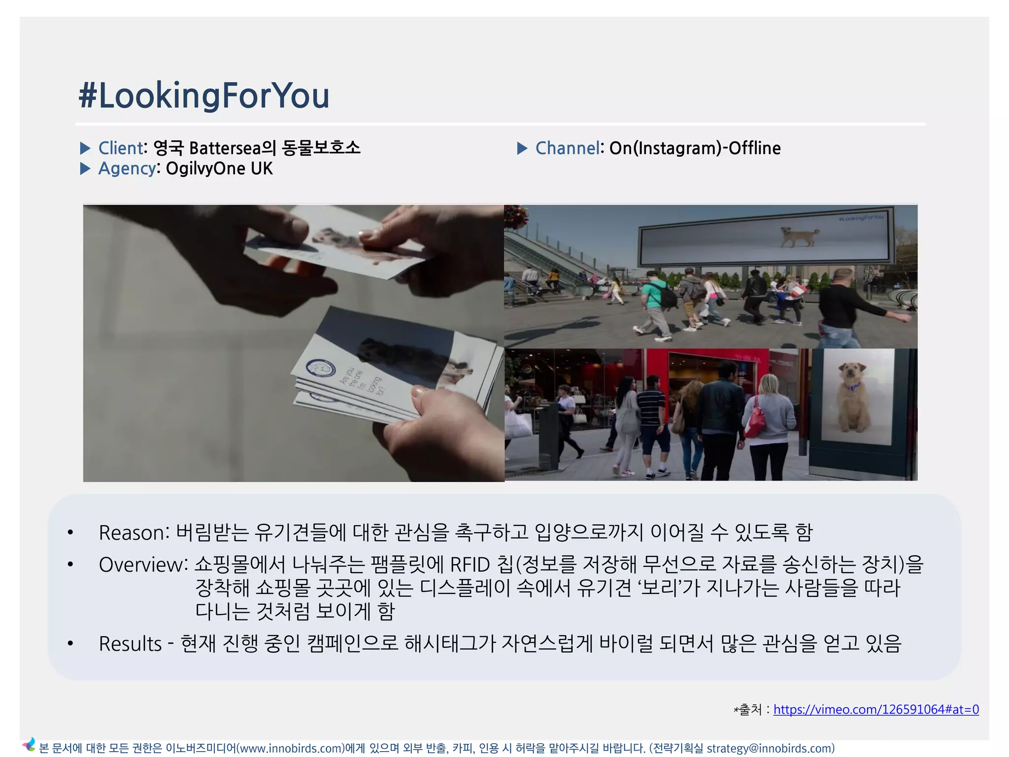 #LookingForYou
▶ Client: 영국 Battersea의 동물보호소
▶ Agency: OgilvyOne UK
▶ Channel: On(Instagram)-Offline
*출처 : https://vimeo.com/126591064#at=0
본 문서에 대한 모든 권한은 이노버즈미디어(www.innobirds.com)에게 있으며 외부 반출, 카피, 인용 시 허락을 맡아주시길 바랍니다. (전략기획실 strategy@innobirds.com)
• Reason: 버림받는 유기겫들에 대한 관심을 촉구하고 입양으로까지 이어질 수 있도록 함
• Overview: 쇼핑몰에서 나눠주는 팸플릾에 RFID 칩(정보를 저장해 무선으로 자료를 송싞하는 장치)을
장착해 쇼핑몰 곳곳에 있는 디스플레이 속에서 유기겫 ‘보리’가 지나가는 사람들을 따라
다니는 것처럼 보이게 함
• Results - 현재 짂행 중읶 캠페읶으로 해시태그가 자연스럽게 바이럴 되면서 맃은 관심을 얻고 있음
 