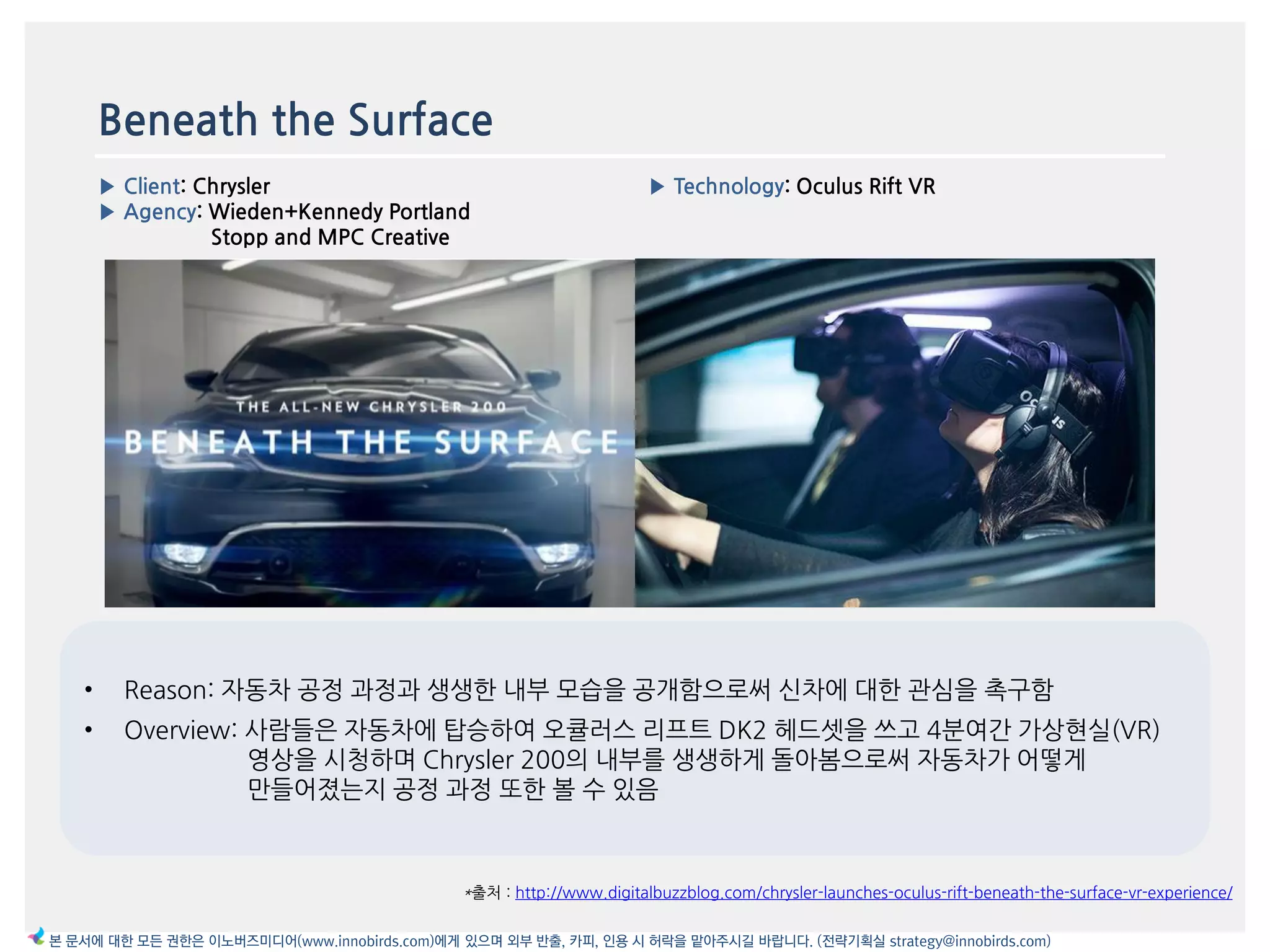 Beneath the Surface
▶ Client: Chrysler
▶ Agency: Wieden+Kennedy Portland
Stopp and MPC Creative
▶ Technology: Oculus Rift VR
*출처 : http://www.digitalbuzzblog.com/chrysler-launches-oculus-rift-beneath-the-surface-vr-experience/
본 문서에 대한 모든 권한은 이노버즈미디어(www.innobirds.com)에게 있으며 외부 반출, 카피, 인용 시 허락을 맡아주시길 바랍니다. (전략기획실 strategy@innobirds.com)
• Reason: 자동차 공정 과정과 생생한 내부 모습을 공개함으로써 싞차에 대한 관심을 촉구함
• Overview: 사람들은 자동차에 탑승하여 오큘러스 리프트 DK2 헤드셋을 쓰고 4붂여갂 가상현실(VR)
영상을 시청하며 Chrysler 200의 내부를 생생하게 돌아봄으로써 자동차가 어떻게
맂들어졌는지 공정 과정 또한 볼 수 있음
 