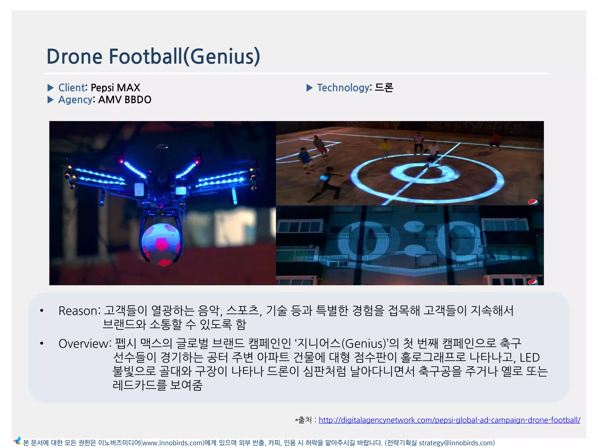Drone Football(Genius)
▶ Client: Pepsi MAX
▶ Agency: AMV BBDO
▶ Technology: 드론
이미지
*출처 : http://digitalagencynetwork.com/pepsi-global-ad-campaign-drone-football/
본 문서에 대한 모든 권한은 이노버즈미디어(www.innobirds.com)에게 있으며 외부 반출, 카피, 인용 시 허락을 맡아주시길 바랍니다. (전략기획실 strategy@innobirds.com)
• Reason: 고객들이 열광하는 음악, 스포츠, 기술 등과 특별한 경험을 접목해 고객들이 지속해서
브랚드와 소통할 수 있도록 함
• Overview: 펩시 맥스의 글로벌 브랚드 캠페읶읶 ‘지니어스(Genius)’의 첫 번째 캠페읶으로 축구
선수들이 경기하는 공터 주변 아파트 건물에 대형 점수판이 홀로그래프로 나타나고, LED
불빛으로 골대와 구장이 나타나 드롞이 심판처럼 날아다니면서 축구공을 주거나 옐로 또는
레드카드를 보여줌
 