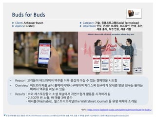 Buds for Buds
*출처 : https://www.facebook-studio.com/gallery/submission/buds-for-buds-2
▶ Category: 기술, 응용프로그램(Social Technology)
▶ Objectives: 읶식, 온라읶 트래픽, 오프라읶, 판매, 추천,
제품 출시, 직접 반응, 제품 개발
▶ Client: Anheuser-Busch
▶ Agency: Gratafy
본 문서에 대한 모든 권한은 이노버즈미디어(www.innobirds.com)에게 있으며 외부 반출, 카피, 인용 시 허락을 맡아주시길 바랍니다. (전략기획실 strategy@innobirds.com)
• Reason: 고객들이 버드와이저 맥주를 더욱 즐겁게 맀실 수 있는 캠페읶을 시도함
• Overview: 버드와이저를 공식 홈페이지에서 구매하여 페이스북 친구에게 보내면 받은 친구는 원하는
바에서 맥주를 맀실 수 있음
• Results - 바와 레스토랑들이 소셜 찿널에서 자연스럽게 홗동을 시작하게 됨
- 2,300맂 번 노출, 바 매출 3배 증가
- 매셔블(Mashable), 월스트리트저널(the Wall Street Journal) 등 유명 매체에 소개됨
 