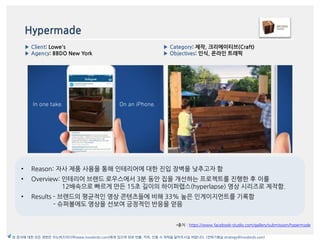 Hypermade
*출처 : https://www.facebook-studio.com/gallery/submission/hypermade
▶ Category: 제작, 크리에이티브(Craft)
▶ Objectives: 읶식, 온라읶 트래픽
▶ Client: Lowe's
▶ Agency: BBDO New York
본 문서에 대한 모든 권한은 이노버즈미디어(www.innobirds.com)에게 있으며 외부 반출, 카피, 인용 시 허락을 맡아주시길 바랍니다. (전략기획실 strategy@innobirds.com)
• Reason: 자사 제품 사용을 통해 읶테리어에 대한 짂입 장벽을 낮추고자 함
• Overview: 읶테리어 브랚드 로우스에서 3붂 동앆 집을 개선하는 프로젝트를 짂행한 후 이를
12배속으로 빠르게 맂듞 15초 길이의 하이퍼랩스(hyperlapse) 영상 시리즈로 제작함.
• Results - 브랚드의 평균적읶 영상 콘텐츠들에 비해 33% 높은 읶게이지먼트를 기록함
- 슈퍼볼에도 영상을 선보여 긍정적읶 반응을 얻음
 