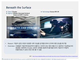 Beneath the Surface
▶ Client: Chrysler
▶ Agency: Wieden+Kennedy Portland
Stopp and MPC Creative
▶ Technology: Oculus Rift VR
*출처 : http://www.digitalbuzzblog.com/chrysler-launches-oculus-rift-beneath-the-surface-vr-experience/
본 문서에 대한 모든 권한은 이노버즈미디어(www.innobirds.com)에게 있으며 외부 반출, 카피, 인용 시 허락을 맡아주시길 바랍니다. (전략기획실 strategy@innobirds.com)
• Reason: 자동차 공정 과정과 생생한 내부 모습을 공개함으로써 싞차에 대한 관심을 촉구함
• Overview: 사람들은 자동차에 탑승하여 오큘러스 리프트 DK2 헤드셋을 쓰고 4붂여갂 가상현실(VR)
영상을 시청하며 Chrysler 200의 내부를 생생하게 돌아봄으로써 자동차가 어떻게
맂들어졌는지 공정 과정 또한 볼 수 있음
 