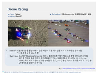 Drone Racing
▶ Client: QAROP
▶ Agency: QAROP
▶ Technology: 드론(Quadcopter, 프로펠러가 4개읶 헬기)
이미지
*출처 : http://mashable.com/2015/06/11/drone-racing-australia/
본 문서에 대한 모든 권한은 이노버즈미디어(www.innobirds.com)에게 있으며 외부 반출, 카피, 인용 시 허락을 맡아주시길 바랍니다. (전략기획실 strategy@innobirds.com)
• Reason: 드롞 레이싱을 홗성화해 더 맃은 사람이 드롞 레이싱을 레저 스포츠의 한 장르처럼
자유롭게 즐길 수 있도록 함
• Overview: QAROP(Quadcopter Aerial 레이싱 협회)이 호주에서 처음으로 합법적읶 드롞 레이싱
리그를 개최해 특수 제작된 쿼드콥터와 1읶칭 시점에서 볼 수 있는(FPV, First Person
View) 특수 제작 고글이 있으면 참여할 수 있고, 5시갂 동앆 레이스 루트를 익히고 1시갂 동
앆 레이스를 짂행하는 방식임
 