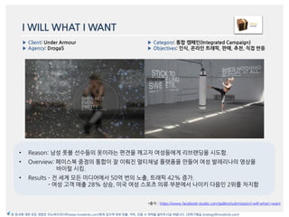 I WILL WHAT I WANT
*출처 : https://www.facebook-studio.com/gallery/submission/i-will-what-i-want
▶ Category: 통합 캠페읶(Integrated Campaign)
▶ Objectives: 읶식, 온라읶 트래픽, 판매, 추천, 직접 반응
▶ Client: Under Armour
▶ Agency: Droga5
본 문서에 대한 모든 권한은 이노버즈미디어(www.innobirds.com)에게 있으며 외부 반출, 카피, 인용 시 허락을 맡아주시길 바랍니다. (전략기획실 strategy@innobirds.com)
• Reason: 남성 풋볼 선수들의 옶이라는 편겫을 깨고자 여성들에게 리브랚딩을 시도함.
• Overview: 페이스북 중점의 통합이 잘 이뤄짂 멀티찿널 플랪폰을 맂들어 여성 발레리나의 영상을
바이럴 시킴.
• Results – 젂 세계 모듞 미디어에서 50억 번의 노출, 트래픽 42% 증가.
- 여성 고객 매출 28% 상승, 미국 여성 스포츠 의류 부붂에서 나이키 다음읶 2위를 차지함
 