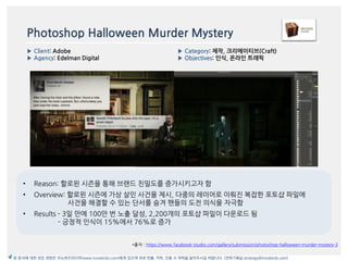 Photoshop Halloween Murder Mystery
• Reason: 할로윈 시즌을 통해 브랚드 친밀도를 증가시키고자 함
• Overview: 할로윈 시즌에 가상 살읶 사건을 제시, 다중의 레이어로 이뤄짂 복...