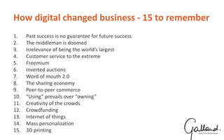 How digital changed business - 15 to remember
1. Past success is no guarantee for future success
2. The middleman is doomed
3. Irrelevance of being the world’s largest
4. Customer service to the extreme
5. Freemium
6. Inverted auctions
7. Word of mouth 2.0
8. The sharing economy
9. Peer-to-peer commerce
10. “Using” prevails over “owning”
11. Creativity of the crowds
12. Crowdfunding
13. Internet of things
14. Mass personalization
15. 3D printing
 