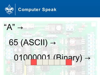 Computer Speak
19
“A” →
65 (ASCII) →
01000001 (Binary) →
 