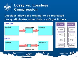 Lossy vs. Lossless
Compression
Lossless allows the original to be recreated
Lossy eliminates some data, can’t get it back
32
 