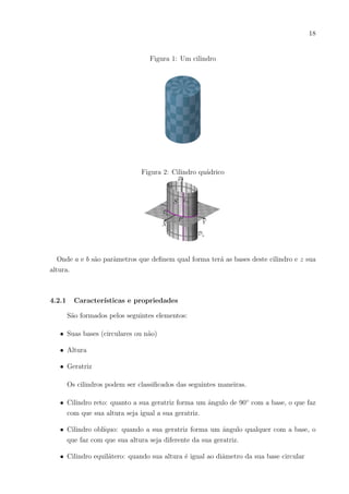 18
Figura 1: Um cilindro
Figura 2: Cilindro quádrico
Onde a e b são parâmetros que definem qual forma terá as bases deste cilindro e z sua
altura.
4.2.1 Caracterı́sticas e propriedades
São formados pelos seguintes elementos:
• Suas bases (circulares ou não)
• Altura
• Geratriz
Os cilindros podem ser classificados das seguintes maneiras.
• Cilindro reto: quanto a sua geratriz forma um ângulo de 90◦
com a base, o que faz
com que sua altura seja igual a sua geratriz.
• Cilindro oblı́quo: quando a sua geratriz forma um ângulo qualquer com a base, o
que faz com que sua altura seja diferente da sua geratriz.
• Cilindro equilátero: quando sua altura é igual ao diâmetro da sua base circular
 