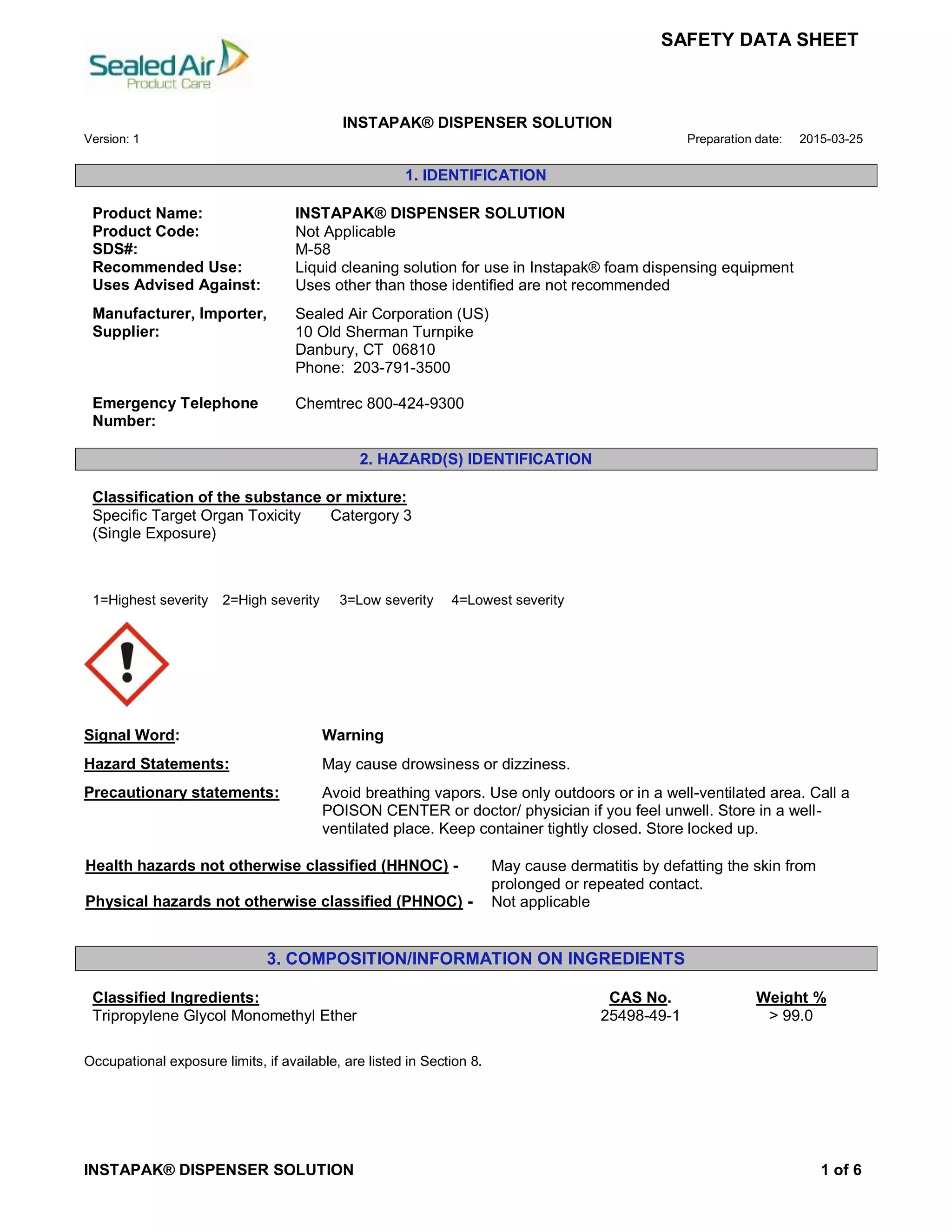 Instapak Dispenser Solution SDS Summary PDF