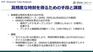 Copyright © INTEROP TOKYO 2015 ShowNet NOC Team 77
高精度な時刻を得るための手段と課題
PTP（Precision Time Protocol）
• 高精度な時刻を得るための手段
• 高精度な時刻ソース：GNSS（GPS,GLONASSなどの衛星）
• GNSSから時刻を得るための手段
• 専用アンテナをオープンスカイ（見晴らしのよい）な場所に
設置する
• アンテナと機器間は同軸ケーブル（10D-FBなど）で接続する
• 課題
• モバイルLTE-Aの普及により、時刻同期を実施しなければならない
デバイスの数の増加
• 時刻同期のためには、GNSSから直接時刻を得るため専用アンテナ
～同軸ケーブルを敷設する必要がありコスト増加
 