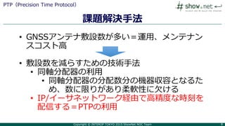 Copyright © INTEROP TOKYO 2015 ShowNet NOC Team 88
課題解決手法
PTP（Precision Time Protocol）
• GNSSアンテナ敷設数が多い＝運用、メンテナン
スコスト高
• 敷設数を減らすための技術手法
• 同軸分配器の利用
• 同軸分配器の分配数分の機器収容となるた
め、数に限りがあり柔軟性に欠ける
• IP/イーサネットワーク経由で高精度な時刻を
配信する＝PTPの利用
 