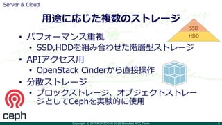 Copyright © INTEROP TOKYO 2015 ShowNet NOC Team 5
用途に応じた複数のストレージ
Server & Cloud
• パフォーマンス重視
• SSD,HDDを組み合わせた階層型ストレージ
• APIアクセス用
• OpenStack Cinderから直接操作
• 分散ストレージ
• ブロックストレージ、オブジェクトストレー
ジとしてCephを実験的に使用
HDD
SSD
 