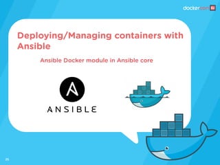 25
Ansible Docker module in Ansible core
Deploying/Managing containers with
Ansible
 