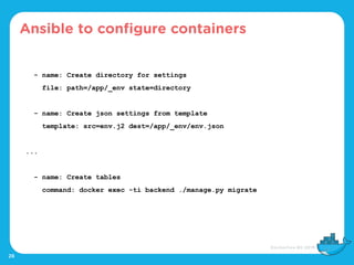 28
Ansible to configure containers
- name: Create directory for settings
file: path=/app/_env state=directory
- name: Create json settings from template
template: src=env.j2 dest=/app/_env/env.json
...
- name: Create tables
command: docker exec -ti backend ./manage.py migrate
 