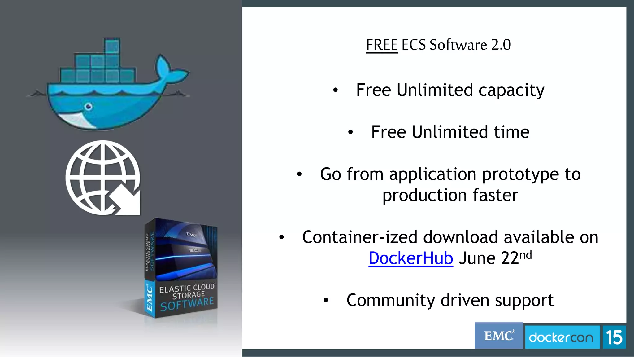 FREE ECS Software 2.0
• Free Unlimited capacity
• Free Unlimited time
• Go from application prototype to
production faster
• Container-ized download available on
DockerHub June 22nd
• Community driven support
 