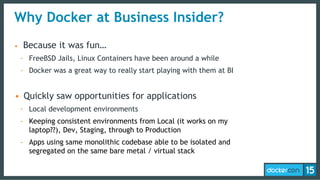 Why Docker at Business Insider?
• Because it was fun…
- FreeBSD Jails, Linux Containers have been around a while
- Docker was a great way to really start playing with them at BI
• Quickly saw opportunities for applications
- Local development environments
- Keeping consistent environments from Local (it works on my
laptop??), Dev, Staging, through to Production
- Apps using same monolithic codebase able to be isolated and
segregated on the same bare metal / virtual stack
 
