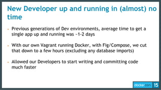 • Previous generations of Dev environments, average time to get a
single app up and running was ~1-2 days
• With our own Vagrant running Docker, with Fig/Compose, we cut
that down to a few hours (excluding any database imports)
• Allowed our Developers to start writing and committing code
much faster
New Developer up and running in (almost) no
time
 